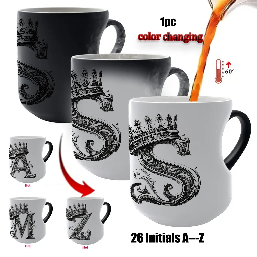 Color Changing Mug A-Z Initial Heart Coffee Cup, Retro Palace Crown Letter Thermosensitive Ceramic Mug, 11 Oz/330 Ml, Elegant Gift Cup, Ceramic Printed Drinkware, Ceramic Classic Drinkware, Vintage Coffee Mugs, Coffee Mugs