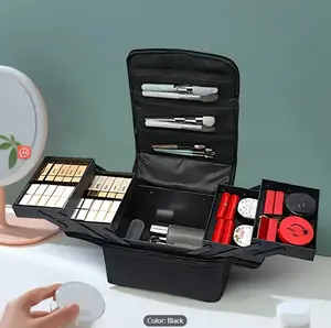 "Large Makeup Travel Train Case, Upgraded Plus Size Nail Supply Organizers And Storage For Nail Tech, Black 4 Tier Cosmetic Train Case Makeup Box Nail Bag, Nail Polish Makeup Organizer And Storage Bag "