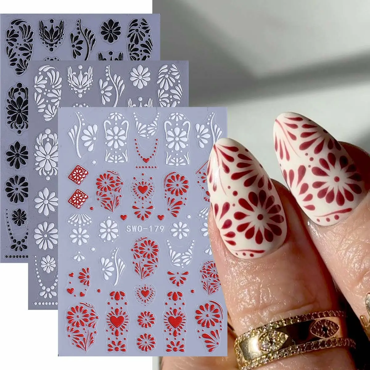 3 Sheets Boho Henna Nail Art Stickers - Black White Red Paisley Floral Decals, Self-Adhesive Ethnic Mehndi Designs for DIY Manicure, Nail Art Supply, Nail Decoration Supplies