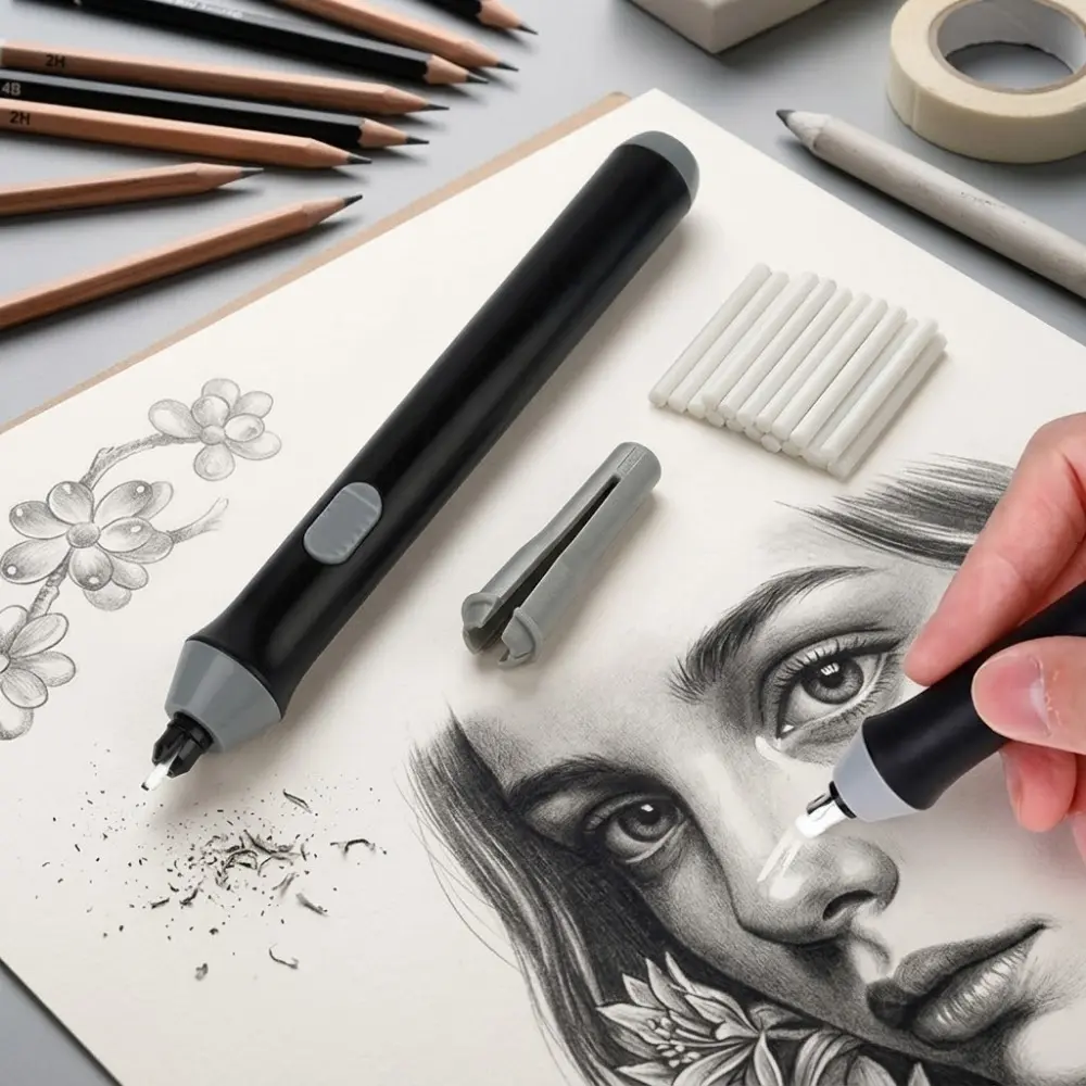 Professional Electric Eraser Kit for Artists, Replaceable Eraser Tips, Portable Detail Eraser for Sketching, Highlighting Tool, Correction, Precision Drawing Corrector, Essential Art Supplies, Creative Gift Idea