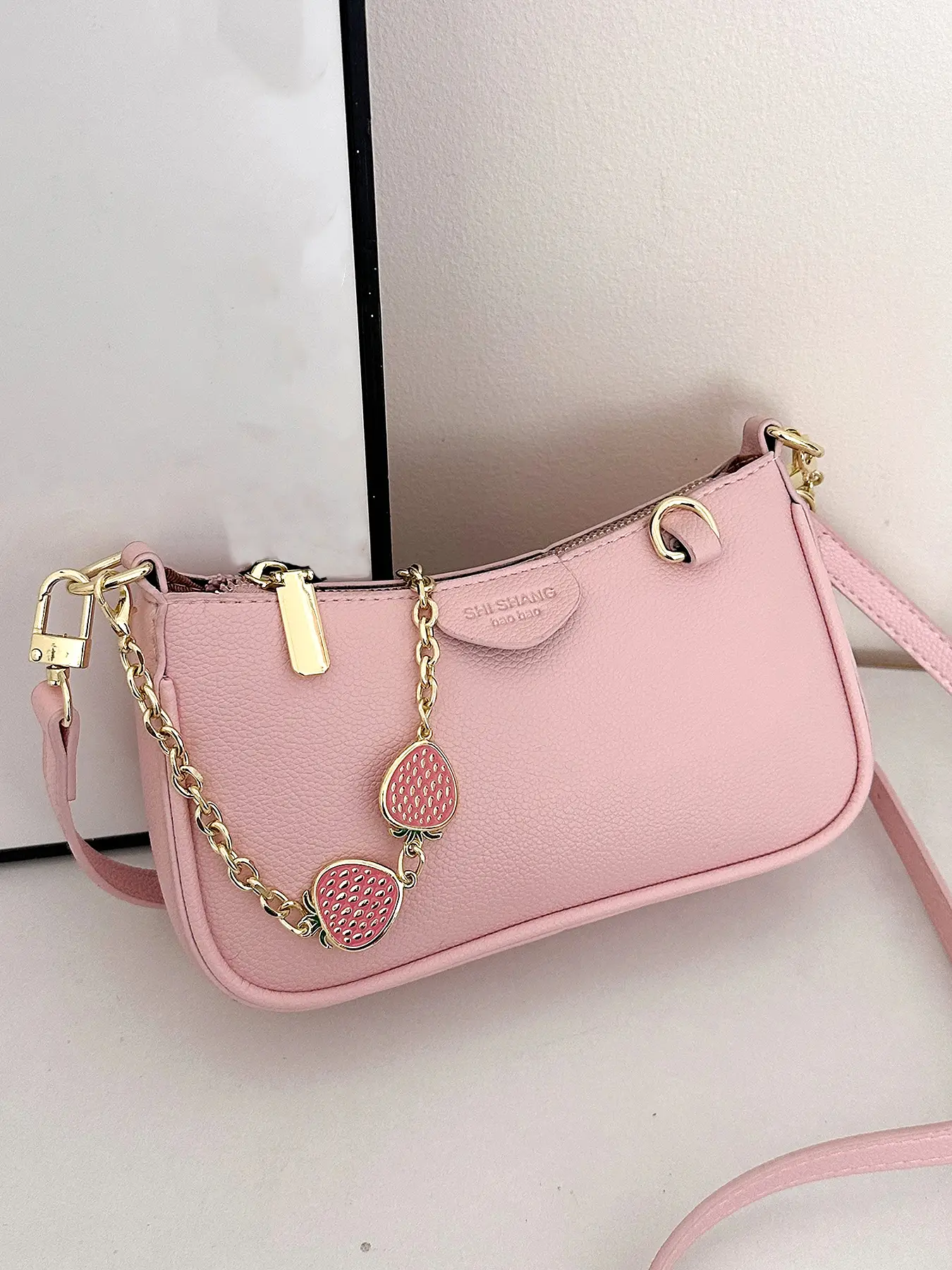 Women's Elegant Floral Embossing Shoulder Bag with Fruits Decor Chain, Trendy New Style Crossbody Bag, Versatile and Textured Fashionable Shoulder Bag