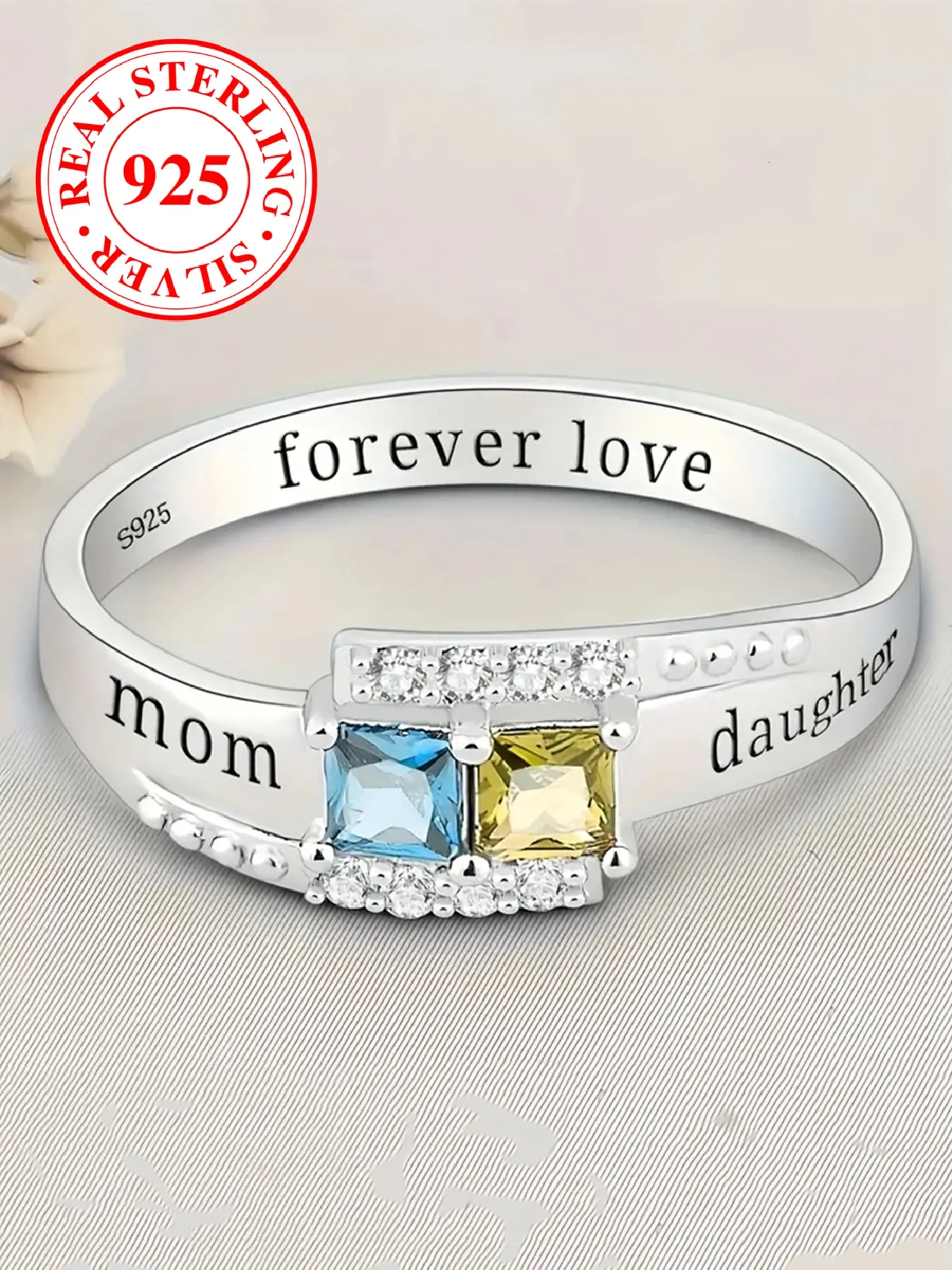 S925 Sterling Silver Ring, Fashionable Mom Daughter Engraved Lettering Jewelry, Casual Style Engagement Ring Exquisite Birthday Anniversary Gifts（with Box）, Mother Daughter Ring, Forever Love Ring, Letter Band Rings, Real Rings