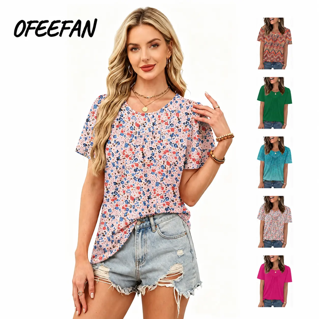 OFEEFAN Womens Summer Tops Trendy Short Sleeve T Shirts Pleated Crewneck Tees Blouses Dressy Casual Outfits Fashion Clothing