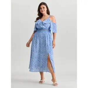 BLOOMCHIC Women's Plus Size Short-Sleeve Polyester Smooth Fabric Garment - Micro Floral Print, Lace Trim, Sheer Waist Maxi Dress, M-6X Sizing, 2026 Summer Casual Swimweek Spotlight Dress