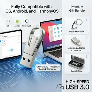 3-in-1 USB Flash Drive, Large Capacity, Dual Interface OTG Type-C, Suitable for Mobile Phones and Computers, Compatible with All Android/ iOS/HarmonyOS, Suitable for Students and Office Use, G, Launched in 2026