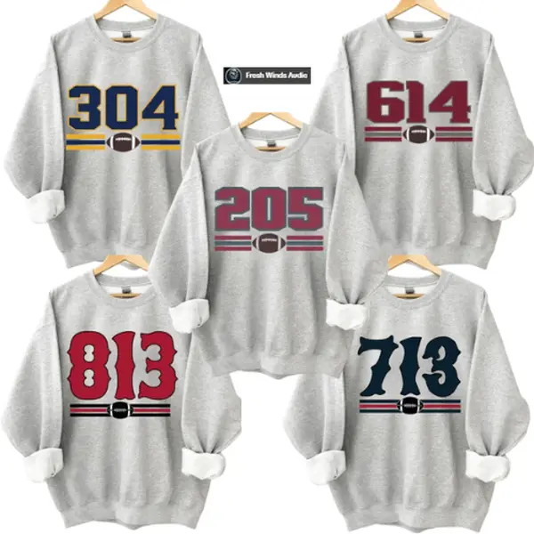 Women's Vintage Area Code Printed Round Neck Crewneck Sweatshirt, Ash Grey Retro 90s Graphic Casual Football Tops, Cotton Clothes for Sports Fans, All Teams Gift Menswear-Adapted Womenswear