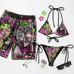 Matching Couple Y2K Scene Swimwear Set – Cyber Graphic Bikini & Men's Swim Trunks, Alternative Festival Beachwear, Summer Vacation Swimsuits
