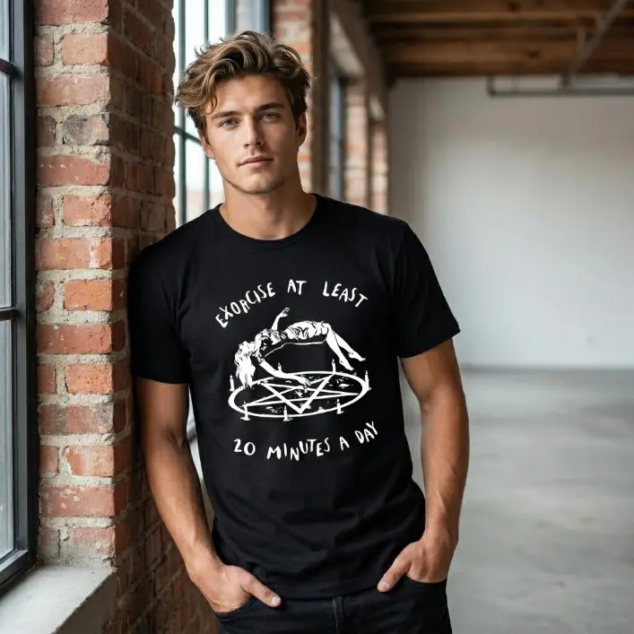 Men's Funny 'Exorcise' Pun Graphic Crew Neck T-Shirt - 100% Pure Cotton, Classic Fit, Breathable Casual Top for Gym, Fitness Workouts