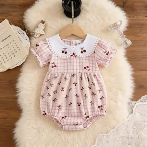 Baby Girl Summer Outfits Newborn Flower Embroidered Eyelet Ruffled Hem Short Sleeve Romper and Bow Headband Set