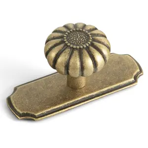 Pumpkin Shape Vintage Cabinet Knobs  Drawer Knobs --Elegant Vintage Bloom Antique Brass Cabinet Knobs with Backplate, Drawer Pulls for Kitchen, Dresser Cabinet Hardware for Bedroom