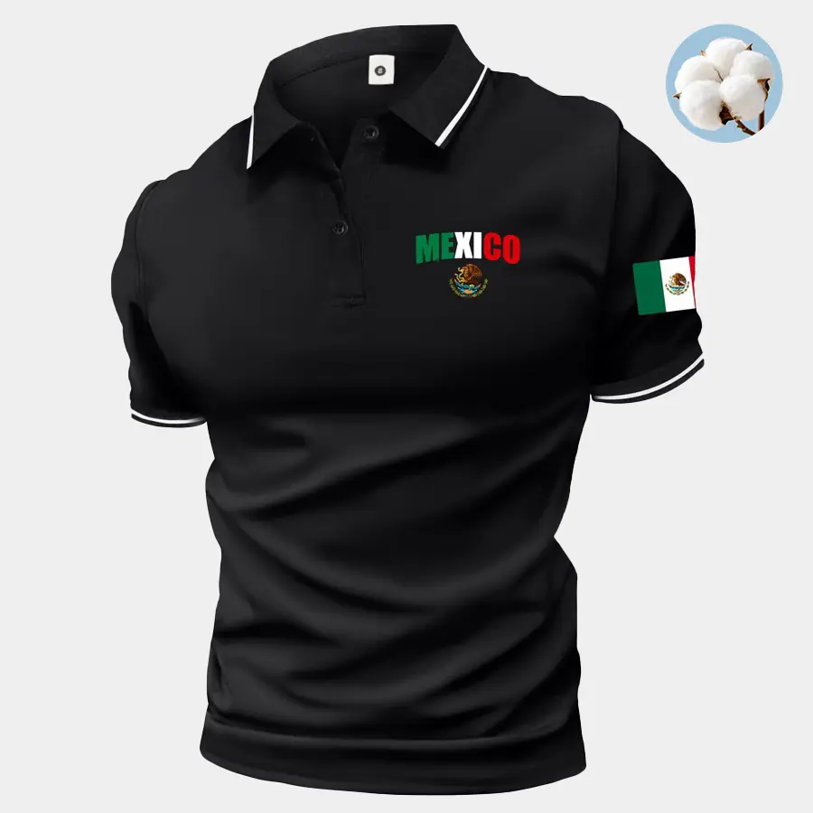 Men’s summer cotton short-sleeve polo shirt with Mexico flag theme, Mexico flag print, classic retro style, lightweight and versatile sports casual outdoor fashion golf apparel, trendy black short-sleeve design—an ideal gift for men or a brother.