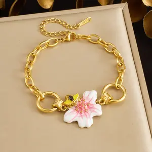 Fashionable New Oil-Drip Flower Stainless Steel Bracelet, Simple  Elegant Versatile Accessory For Women, Bee Flower Bracelet