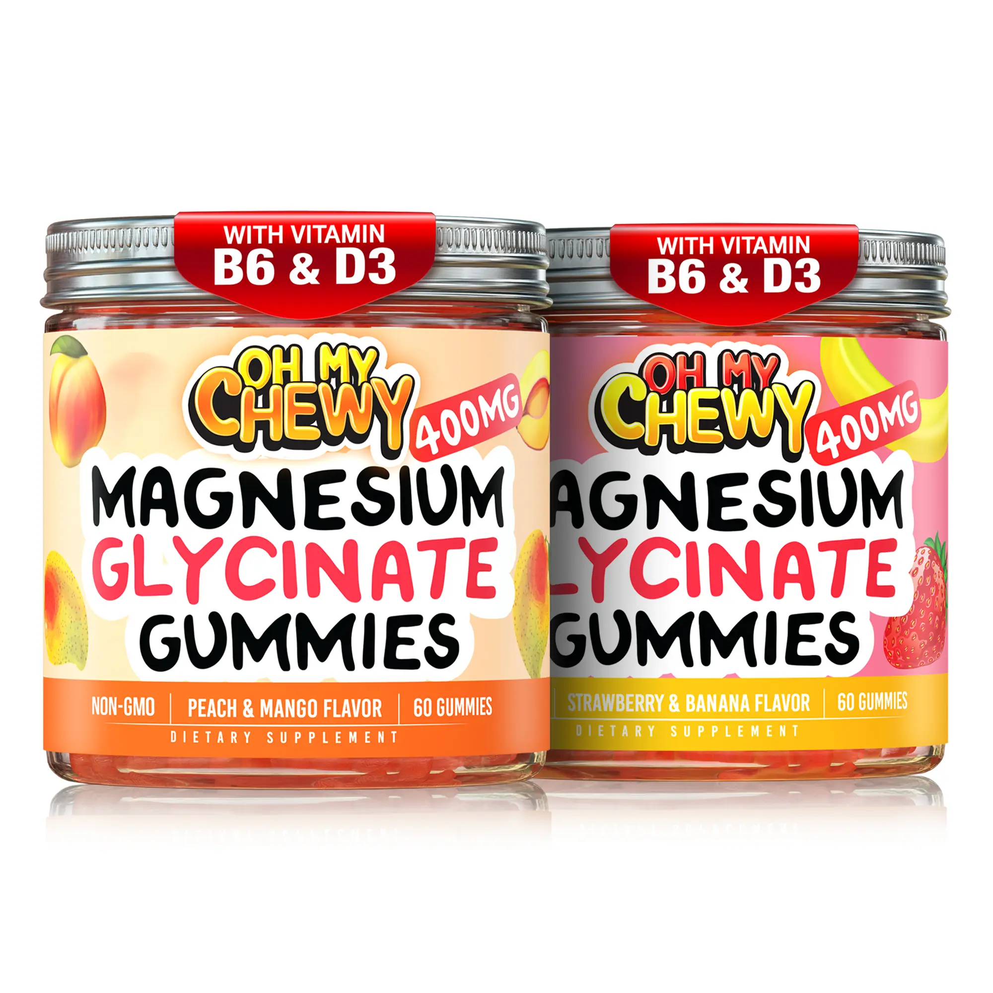 OH MY CHEWY Magnesium Glycinate Gummies Bundle - 2 Bottles (60 Each) - Strawberry Banana & Peach Mango Chewable Brain Health Snacks for Children, Outdoor Fun (mg+mg s+p)