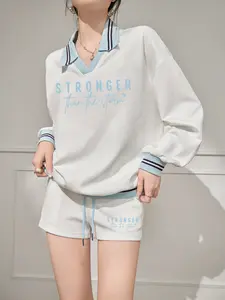 New American casual loose fit suit for women, striped patchwork lapel Collared contrasting sweatshirt+drawstring pocket shorts two-piece set