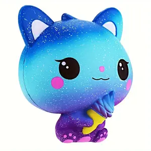 Soft & Safe PU Material Galaxy Ice Cream Cat Squishy - Slow Rising, Adorable Kawaii Relax Toy for Youngsters, Blue with Pink Cheeks, Perfect for Party Favors & Gifts, Playful Gift Item|Galaxy Theme Toy|Cat Toys