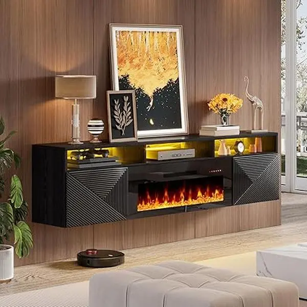 【Ships in 2 Boxes】AMERLIFE Floating Fireplace TV Stand with 40" Electric Fireplace, 80in/70in Wall Mounted Entertainment Center with Storage