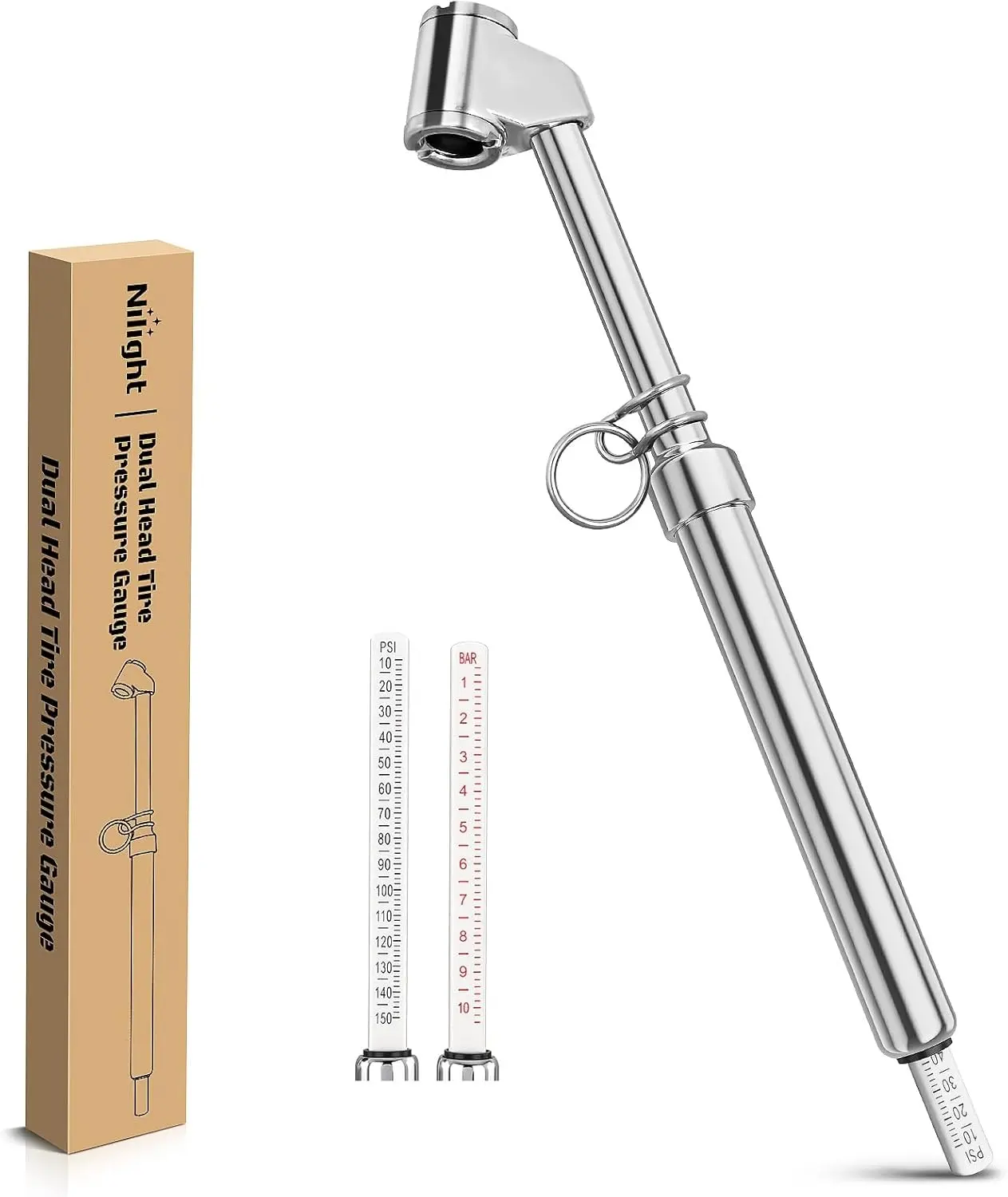 Nilight Dual Head Tire Pressure Gauge Heavy Duty Truck Air Chuck Range 10-150PSI 1-10Bar Tire Pressure Checker Straight-On Tire Air Gauge Extended Tube for Semi Truck, RV, Car, Motorcycle Tire Inflation Tool, 10-150 Psi, Analog Type