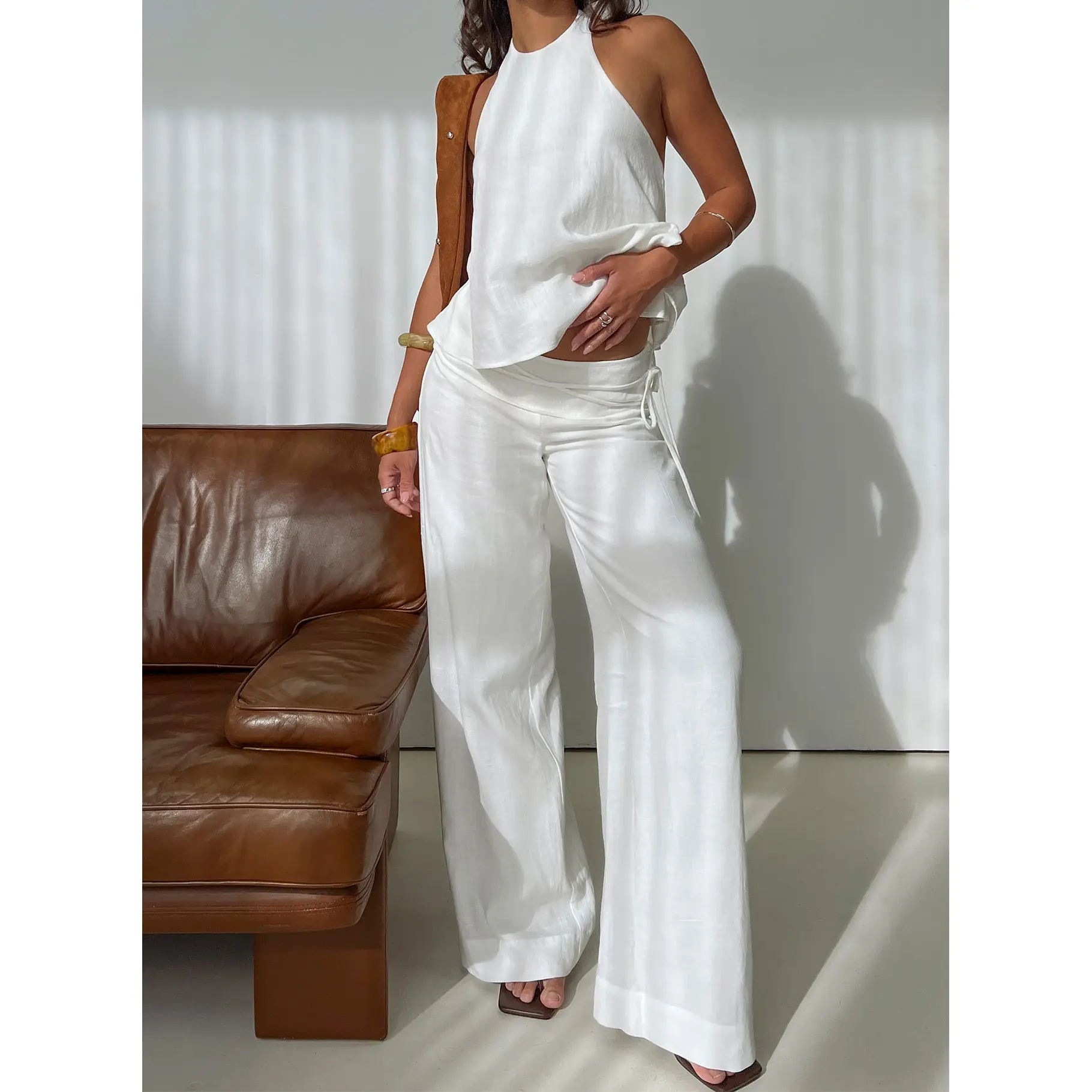 Silver Moon Linen Blend Tie Pants White Petite