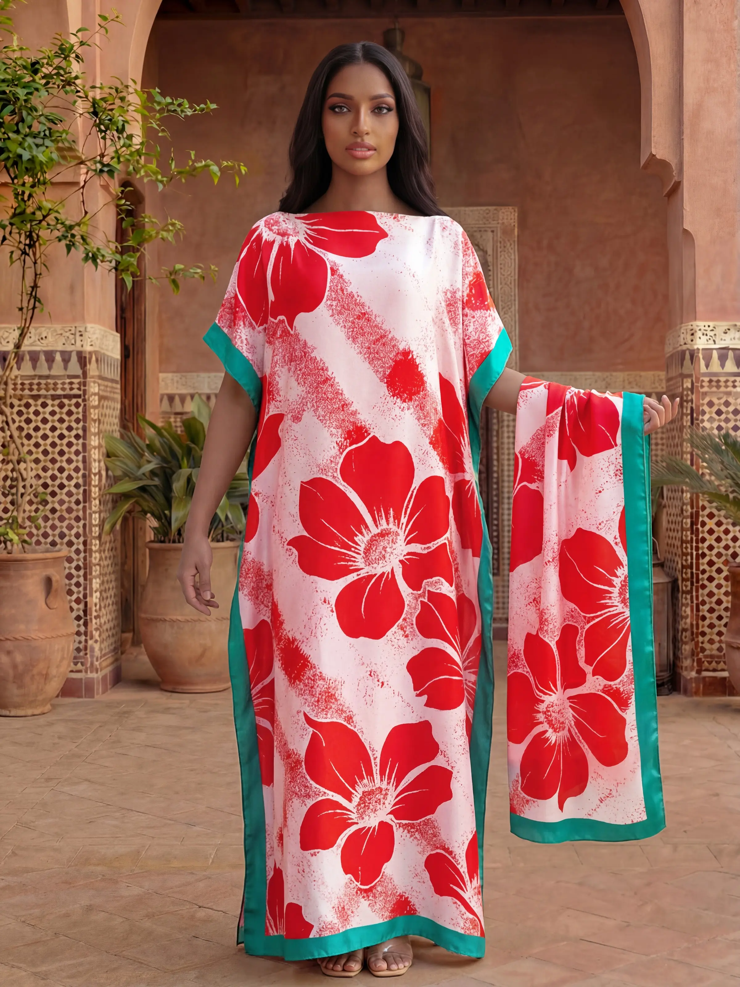 Fashion Floral Print Shawl Set, Elegant Fitted Neckwear for Women, Beach Sun Protection Silk Scarf, All-Season Accessory, Summer Shawl