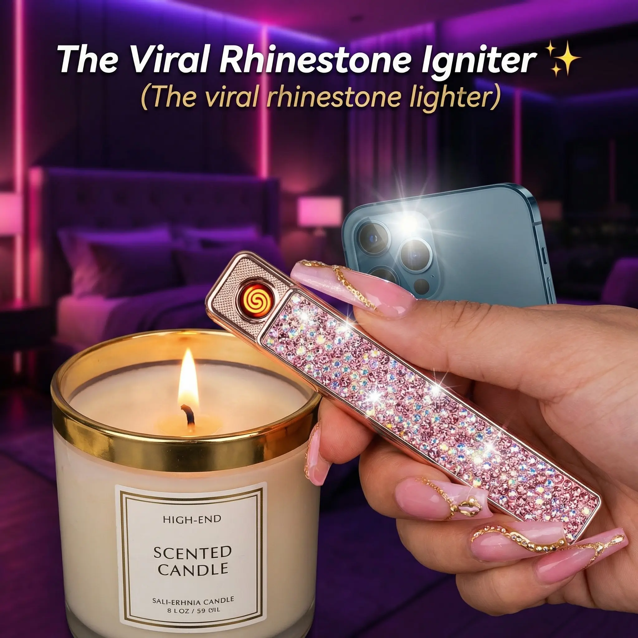 Electronic Lighter, 1Pcs Metal Windproof Flameless Lighter Accessories - Type-C Rechargeable, Pull-Out Ignition with Thick Tungsten, Single-Sided with Rhinestones, Nicotine-Free Gift for Women (Pink)