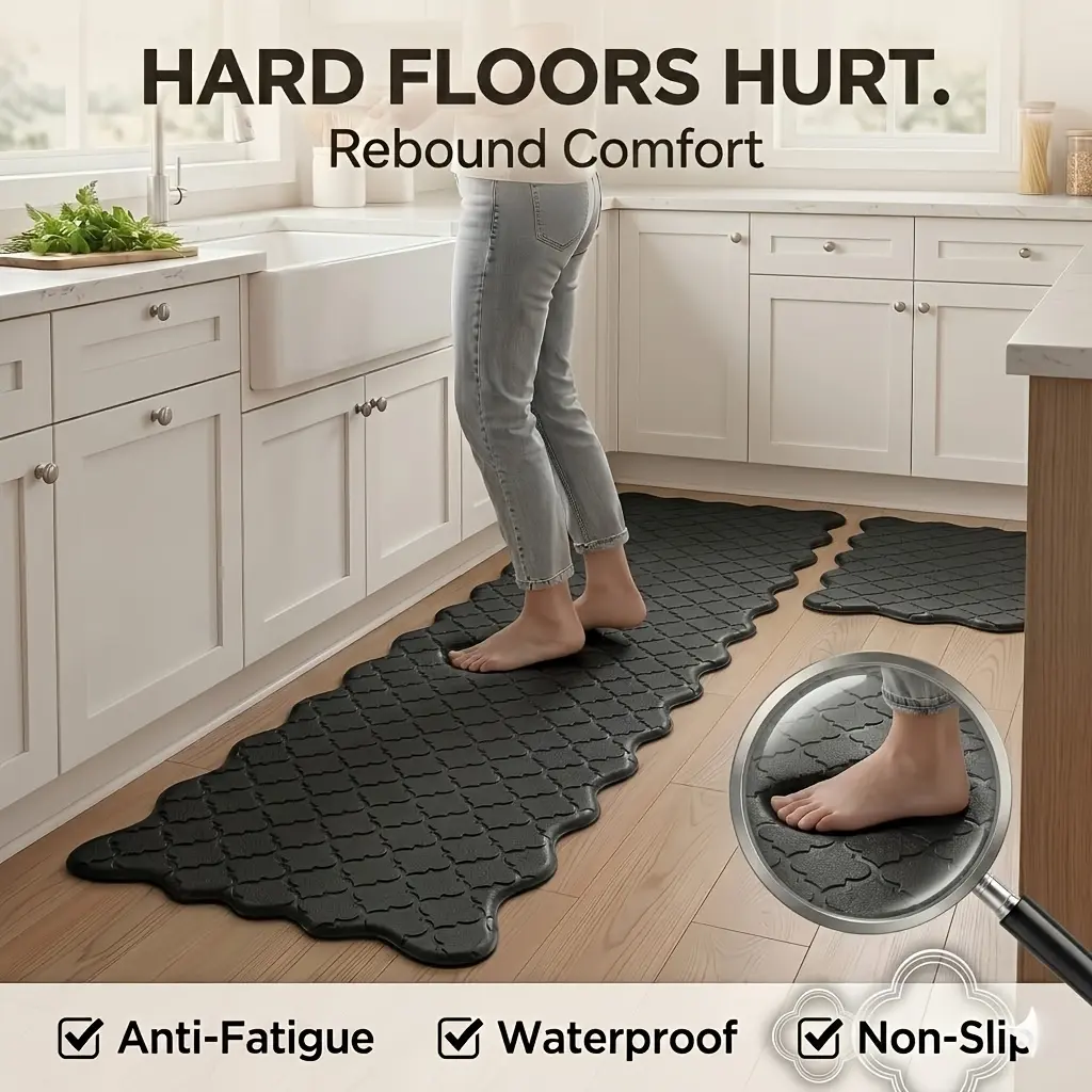 2pcs Long Anti-Fatigue PVC Kitchen Mat - Non-Slip, Oil-Resistant, Waterproof, Easy-Clean, Thick Wavy Edge Moroccan Mat for Sink, Stove Areas
