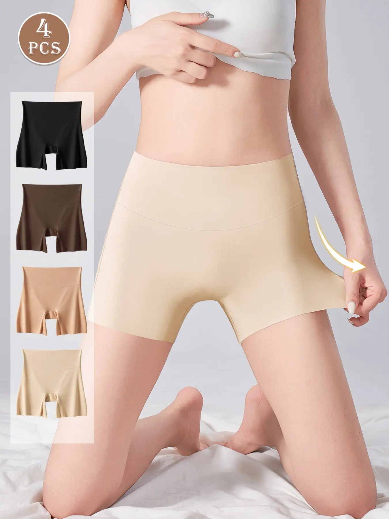 HOTCOM 4-Pack Women's Panties High Waist Seamless Smooth Boyshorts, Tummy Control Butt Lifting Safety Shorts, Skin Tone Invisible Fit, Breathable Cotton Crotch, No Slip Waistband, High Elasticity Non Slip Underwear, Perfect for Dresses/Skirts, Sizes XS-L