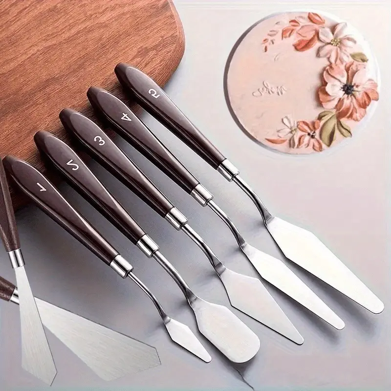 Sturdy 7-Piece Rust-Resistant Stainless Steel Bakeware Set with Wooden Beech Handles, Different Sizes Blades Cake Decorating Tools - Buttercream Spatulas, Pastry Shovels, Icing Scrapers for Fondant Painting