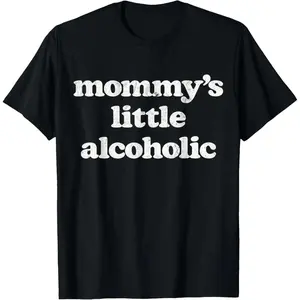 Men's 100% Cotton Casual Oversized Relaxed-Fit Top, Funny "Mommy's Little Alcoholic" Drunk Mom Life Alcohol Joke Fabric T-Shirt