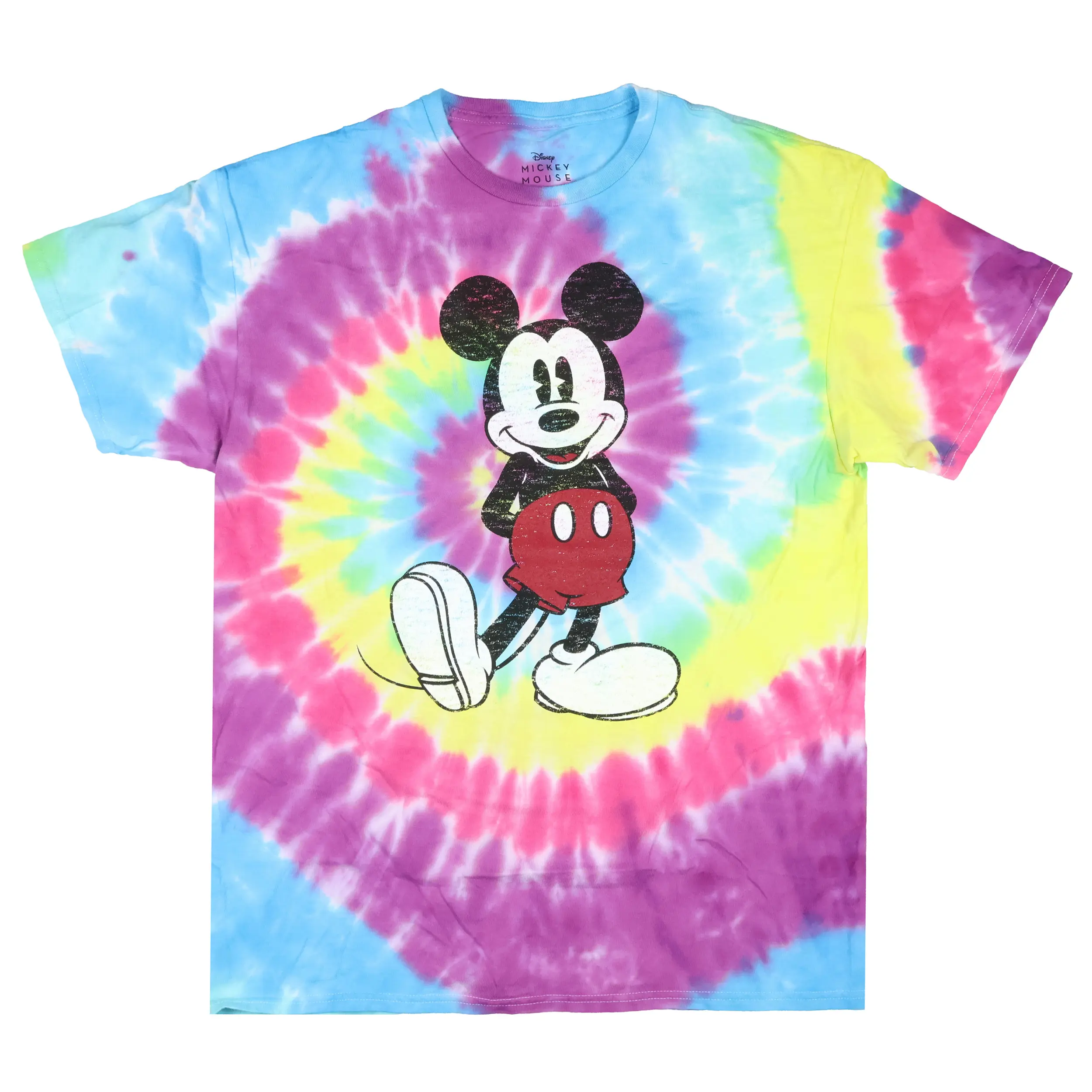 Disney Men's Mickey Mouse Classic Pose Distressed Graphic Print Spiral Tie-Dye Streetwear Vibe Cotton Breathable Short-Sleeve T-Shirt