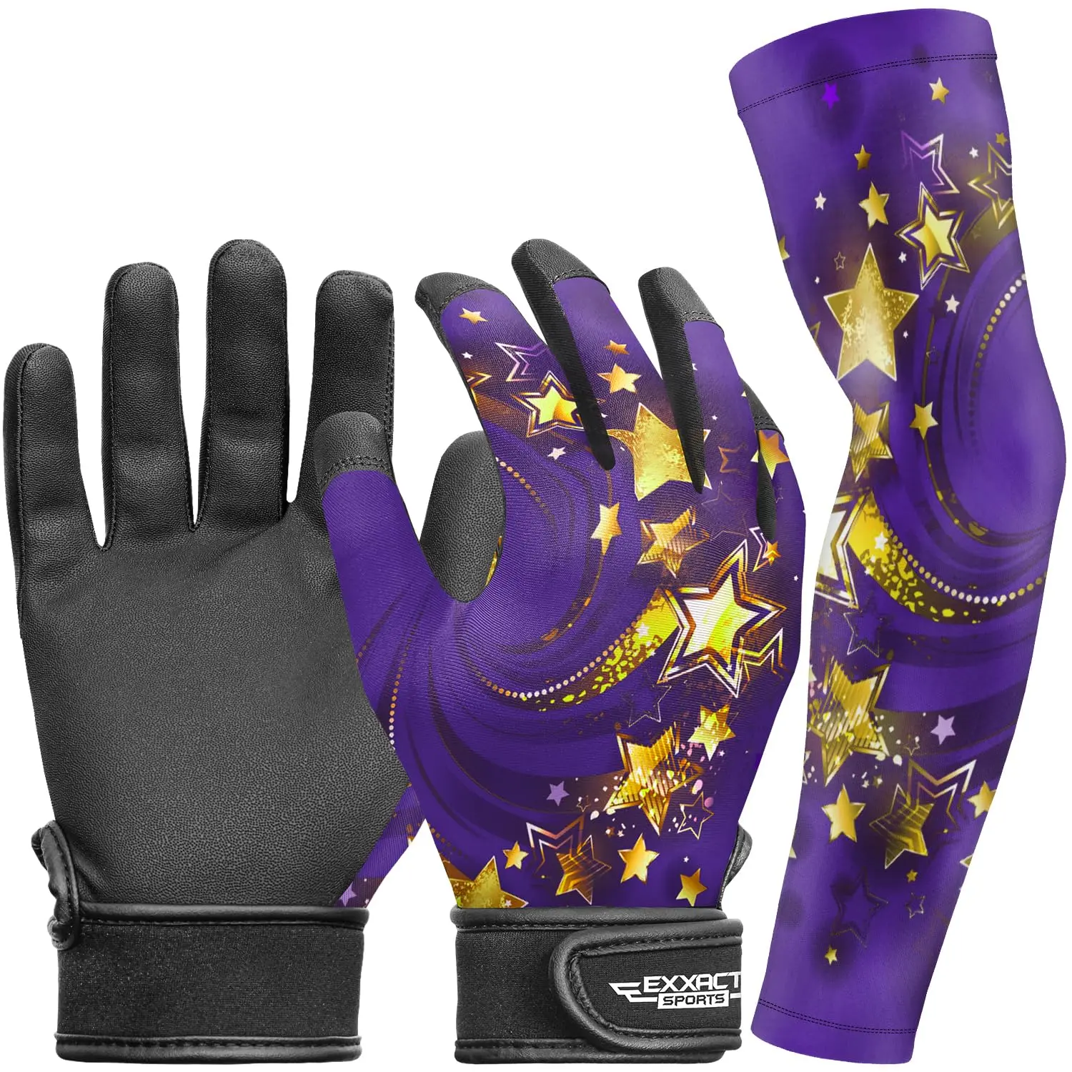 Exxact Sports Youth Fade-Resistant Gold Stars Batting Gloves with Engineered Leather Palm for Baseball & Softball, Enhanced Grip & Stable Wrist Support, Includes Arm Sleeve