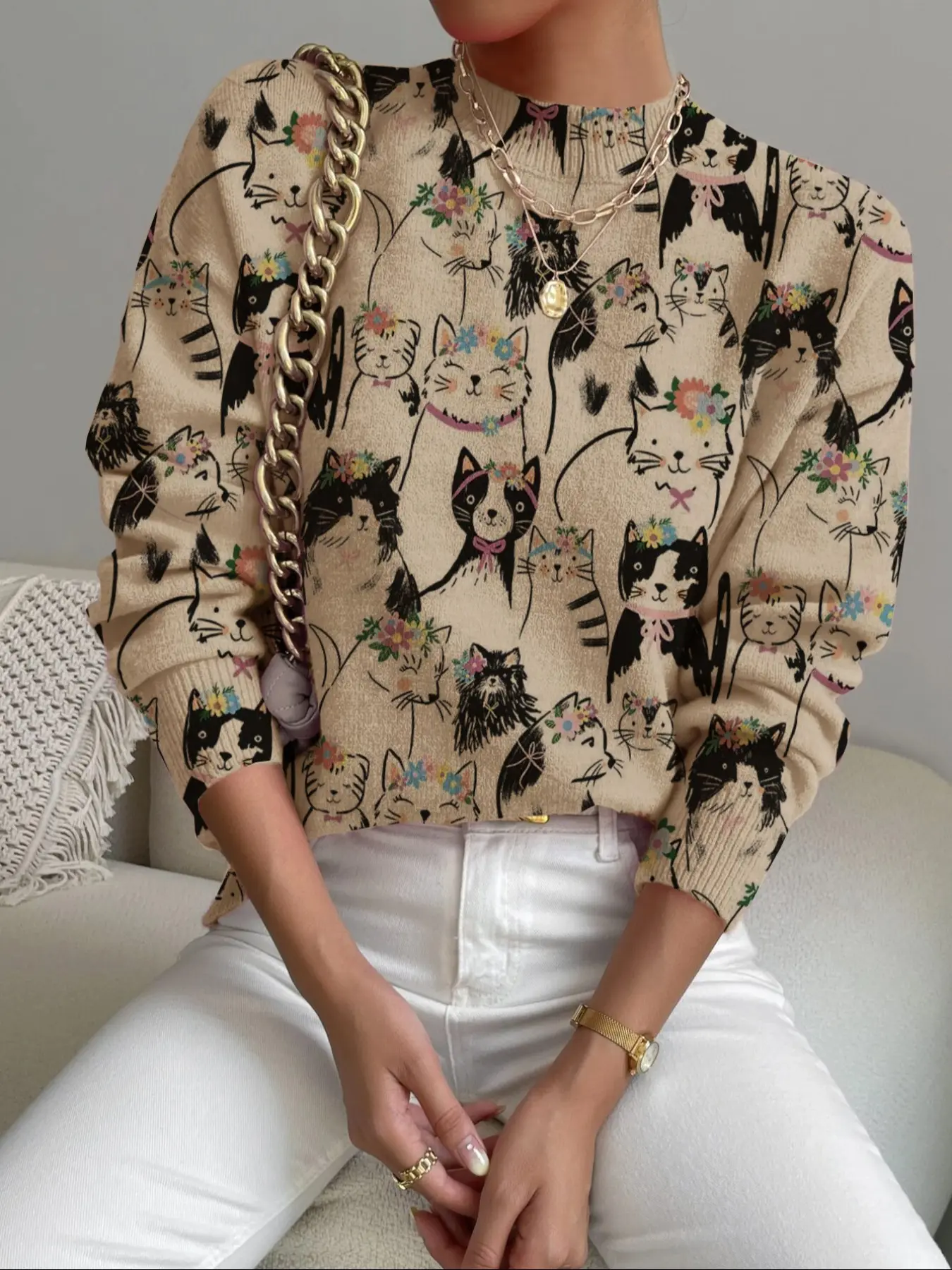 Women's Cartoon Cat Print Stand Collar Loose Sweater, Fall Winter Casual Long Sleeve Cozy Knitwear, Comfortable Warm Daily Wear, Womenswear