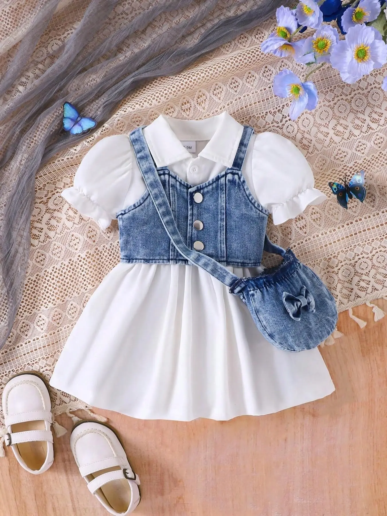 Baby Girl 3-Piece Set, Denim Short Jacket, Solid Color Bubble Sleeve Dress, Bow Decorative Crossbody Bag, Elegant Summer, Baby Clothing, Gift Set, Giftsets