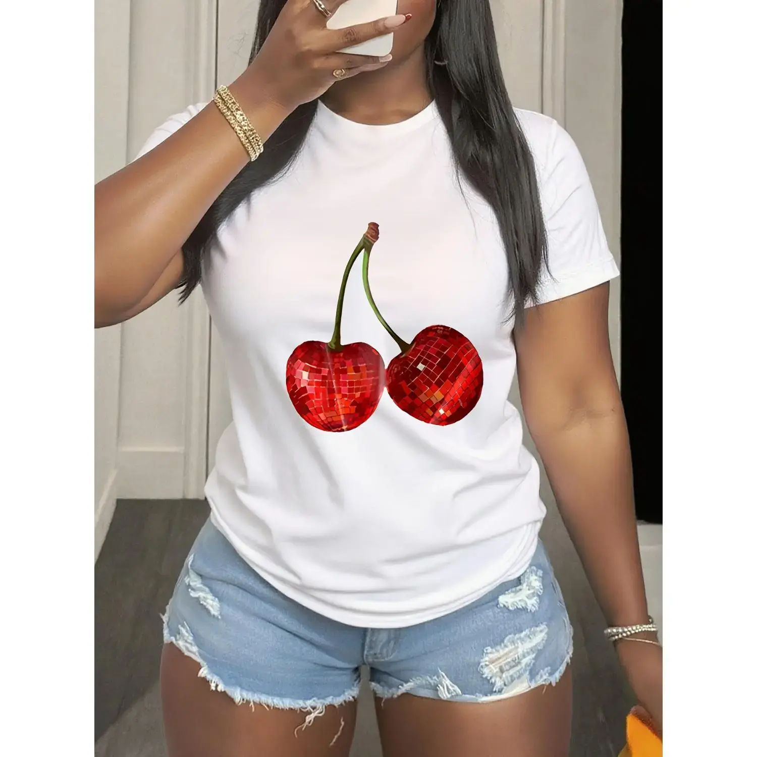 Women Casual Summer Top with Cherry Fruit Graphic Print
