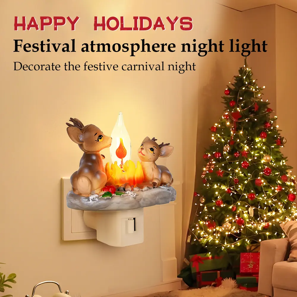 Christmas Reindeer Campfire Plug-in Night Light, LED Faux Flame Decorative Wall Nightlight, Holiday Elk Figurine Lamp for Bedroom Hallway Xmas Home Decor, Christmas Gift