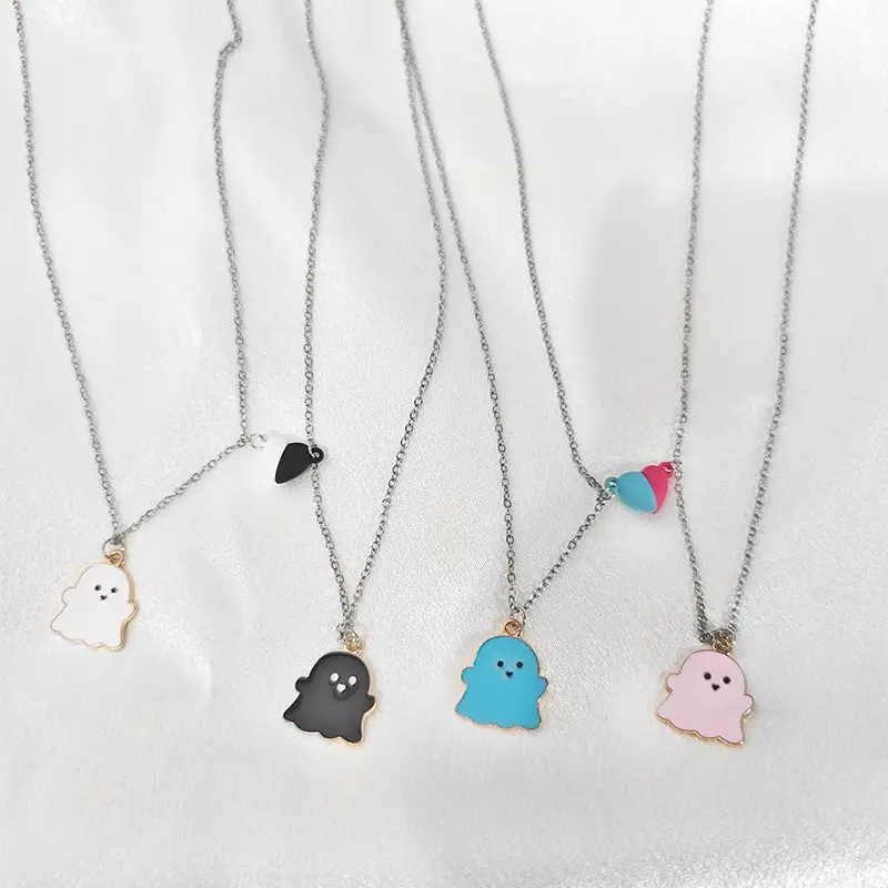 2 Sets Lovely Magnetic Love Heart Ghost Pendant Necklace Halloween Jewelry Birthday Gift Set for Women and  Men ,  Enamel Mutual Attract Magnet Couple Matching Necklace