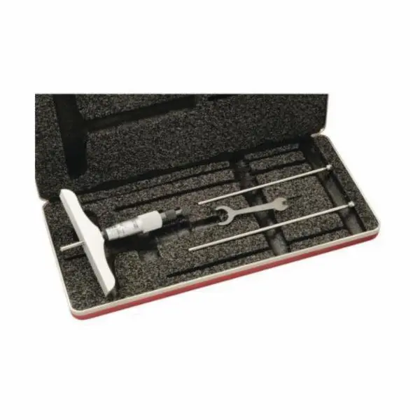 Starrett 445BZ-3RL Mechanical Depth Micrometer - 0 to 3 in., 4 in. base, satin chrome, 5/32 in. diameter, combination ratchet, glare free graduations, quick and sure locking for measuring depths of holes, Micrometers
