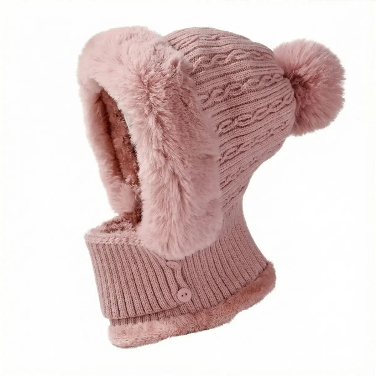 Women's Knit Beanie Set - Fleece-Lined Flannel Scarf, Plush Earmuff Hat with Pompom, Integrated Hat and Neck Warmer for Casual Daily Cold-Damp Weather Protection, Plain, Soft, Beanie Fitted, Pompom Detail