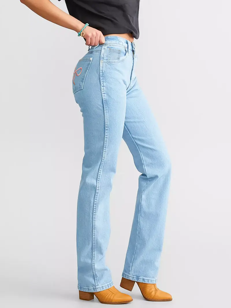 Women's Bow Embroidered  Pants with Pockets Mid Rise Baggy Jeans Y2k Straight Leg Denim stretchy