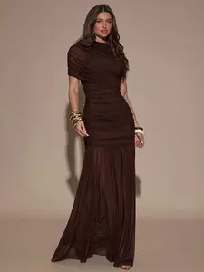 X GALILEA Women's Chic Dark Brown Ruched Short-Sleeve Bodycon Dress - Formal Wear with Zipper, Premium Fabric for Autumn Evening Cocktail Party, Formal Gathering