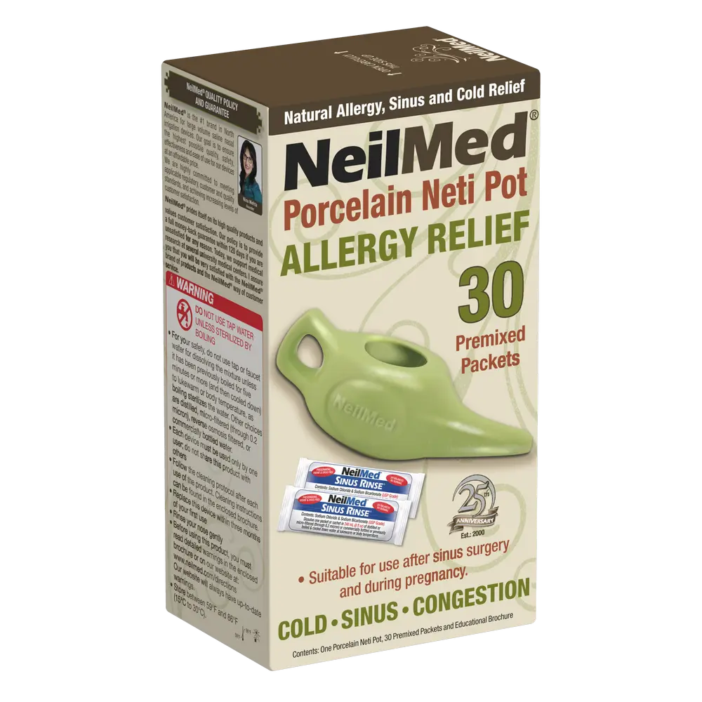 NeilMed Porcelain Neti Pot 8oz with 30 Premixed Sinus Rinse Packets for Natural Allergy Relief Nasal Wash Cleaner Easy Flow No Spill Design