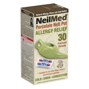 NeilMed Porcelain Neti Pot 8oz with 30 Premixed Sinus Rinse Packets for Natural Allergy Relief Nasal Wash Cleaner Easy Flow No Spill Design