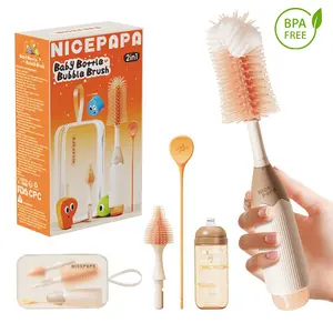 NICE PAPA Baby Bottle Brush Kit - 2-in-1 Push-Press Design, Food-Grade Silicone, BPA-Free, Phthalate-Free, Non-Slip Handle, Compact Travel Bag, Multiple Diameters, Multi-Tool Value Pack for Efficient Cleaning