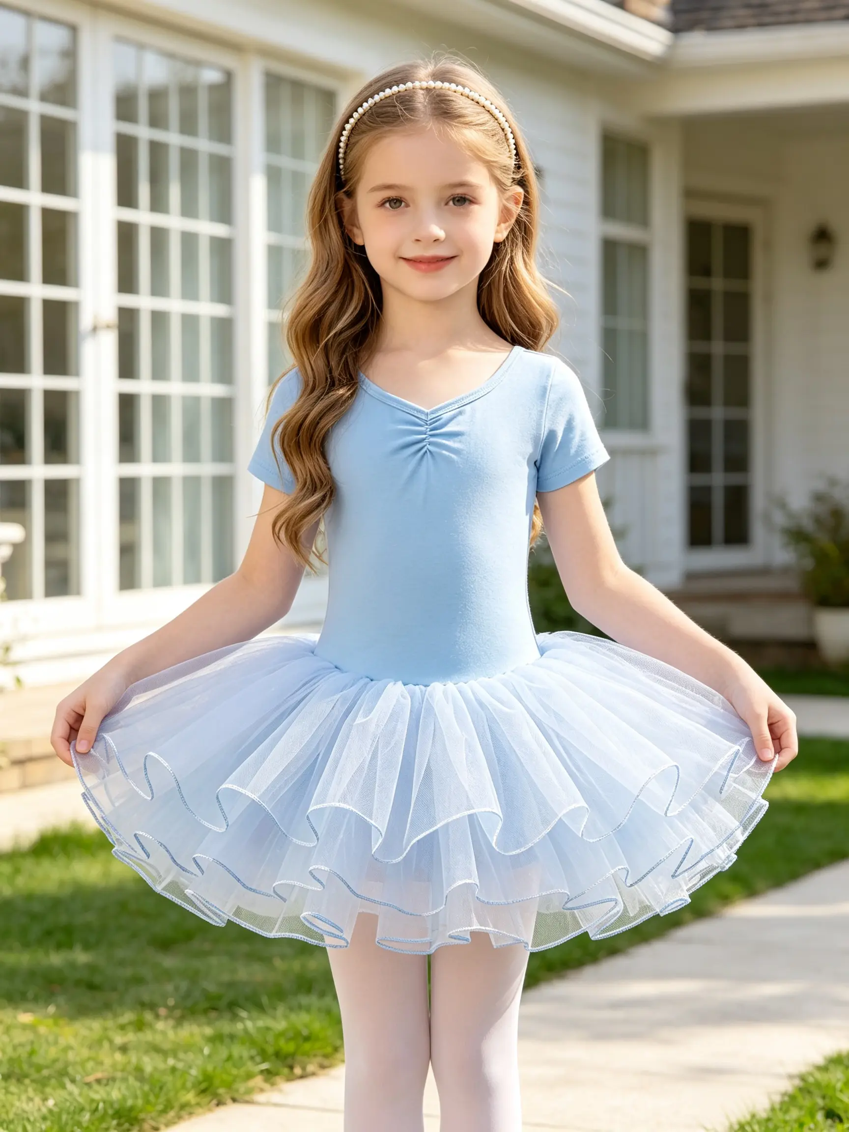 Toddler Girls' Sky Blue Ballet Tutu Dress - Short Sleeve Soft Stretchy Leotard with Layered Ruffle Tulle Skirt for Dance Class, Recital