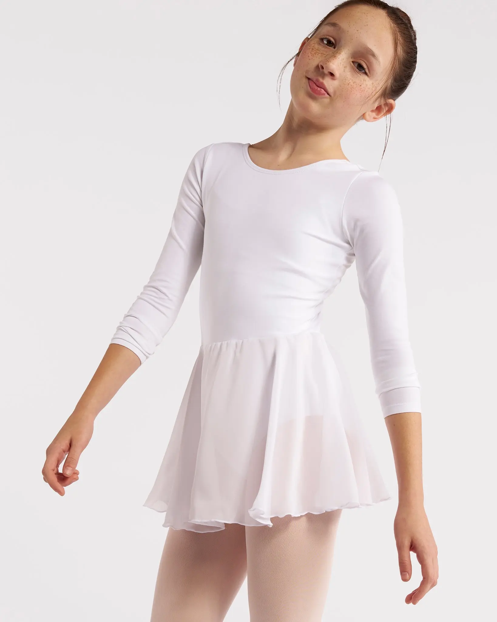Girls' Long Sleeve Ballet Leotard with Scoop Neck and Sheer Skirt, Stretchy Cotton Dancewear for Recitals and Class