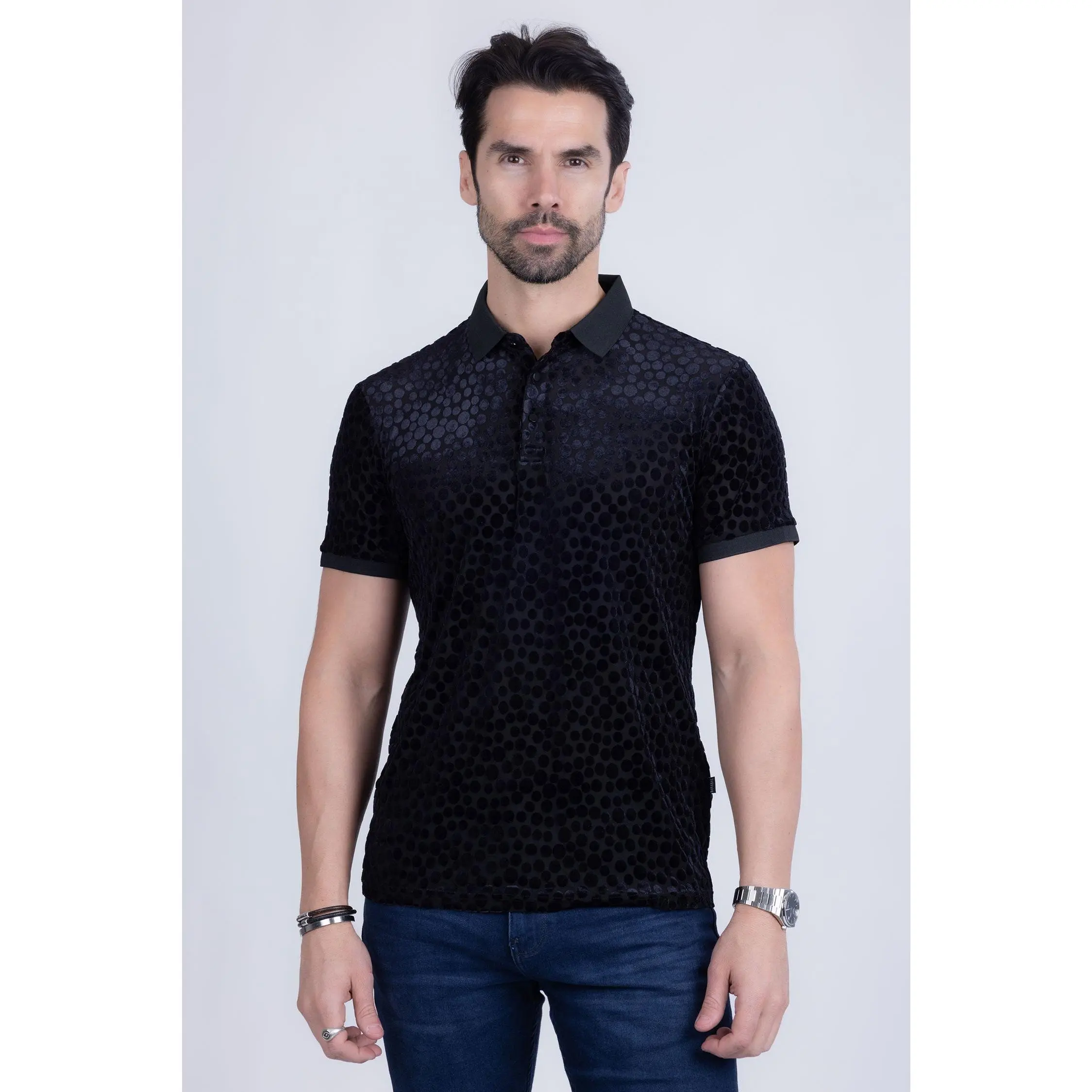 Barabas Men's Polka Velvet Polo Shirt - Casual Short Sleeve Fitted Top with Breathable Fabric & See-Through Design Menswear Nylon