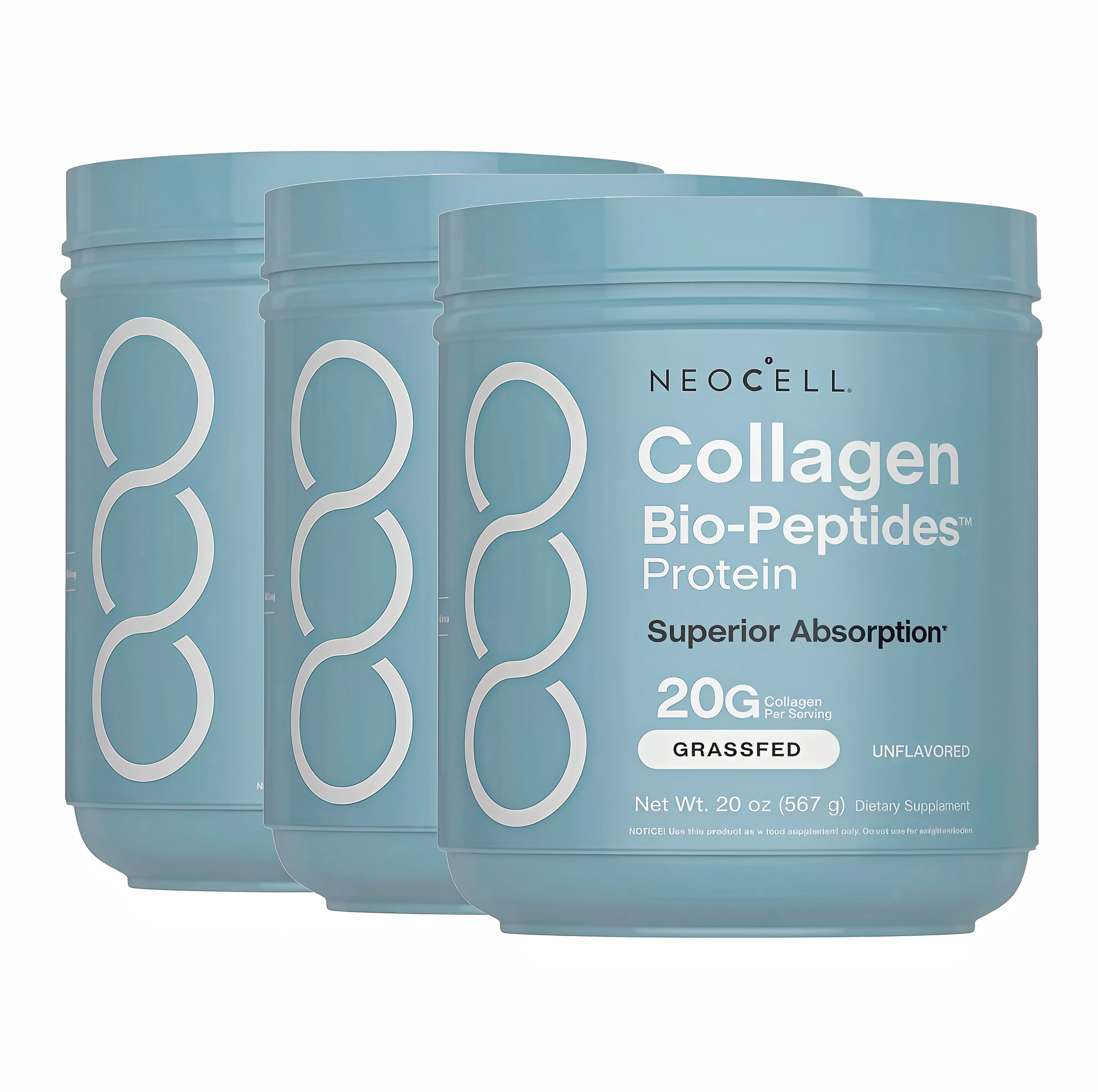 3 Pack NeoCell Collagen Peptides Powder 20oz - Grassfed Protein Supplement GG- Advanced with 18 Essential Amino Acids