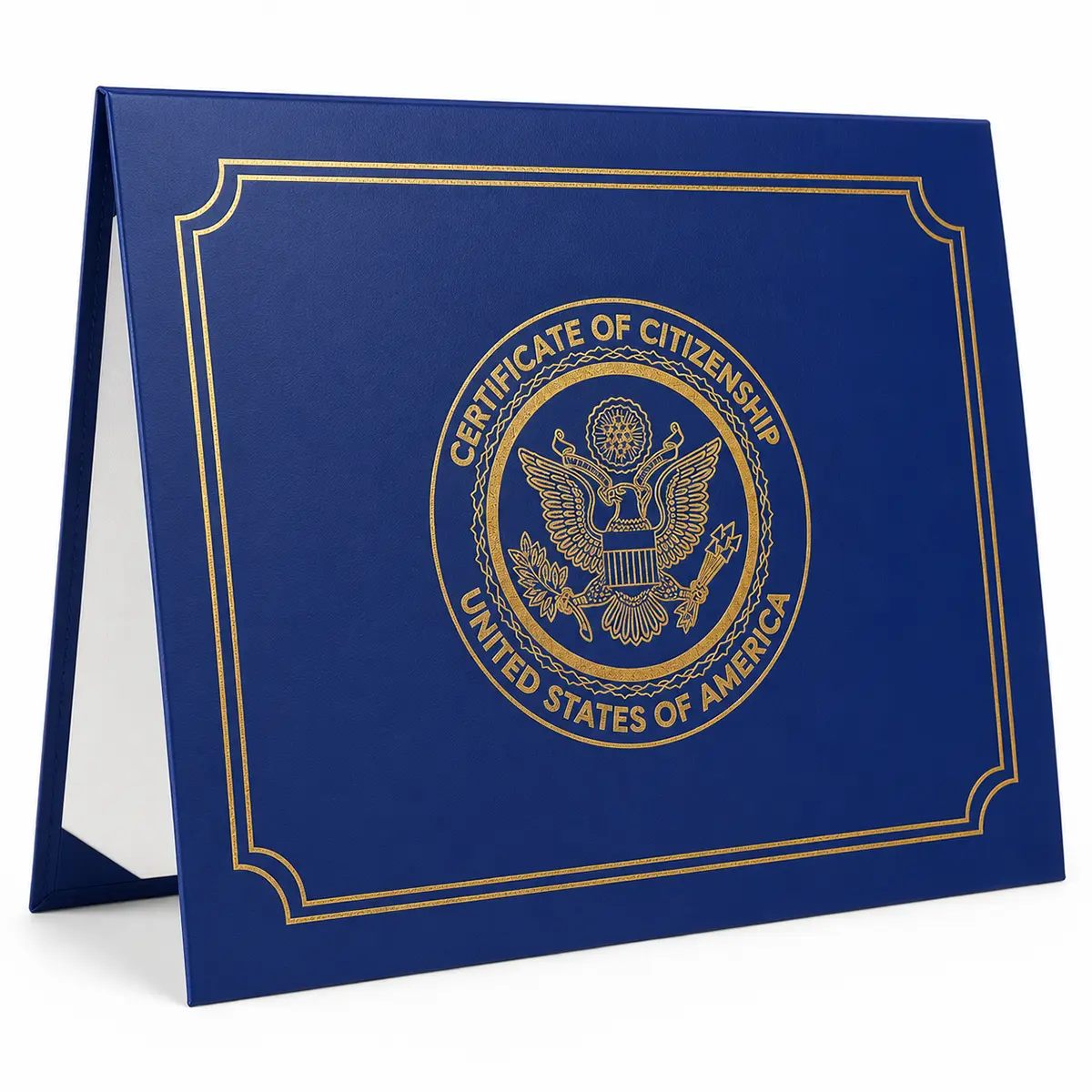US Citizenship Certificate Holder, Navy PU Leather with Gold Foil Embossing, Padded Cover Protection for 2018-2026 Standard Size Certificates & Passport Protector