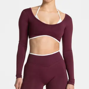 T LOGO Seamless Fake Two-piece Long-sleeved Yoga Top Women's Running Fitness Sports Top Yoga Top