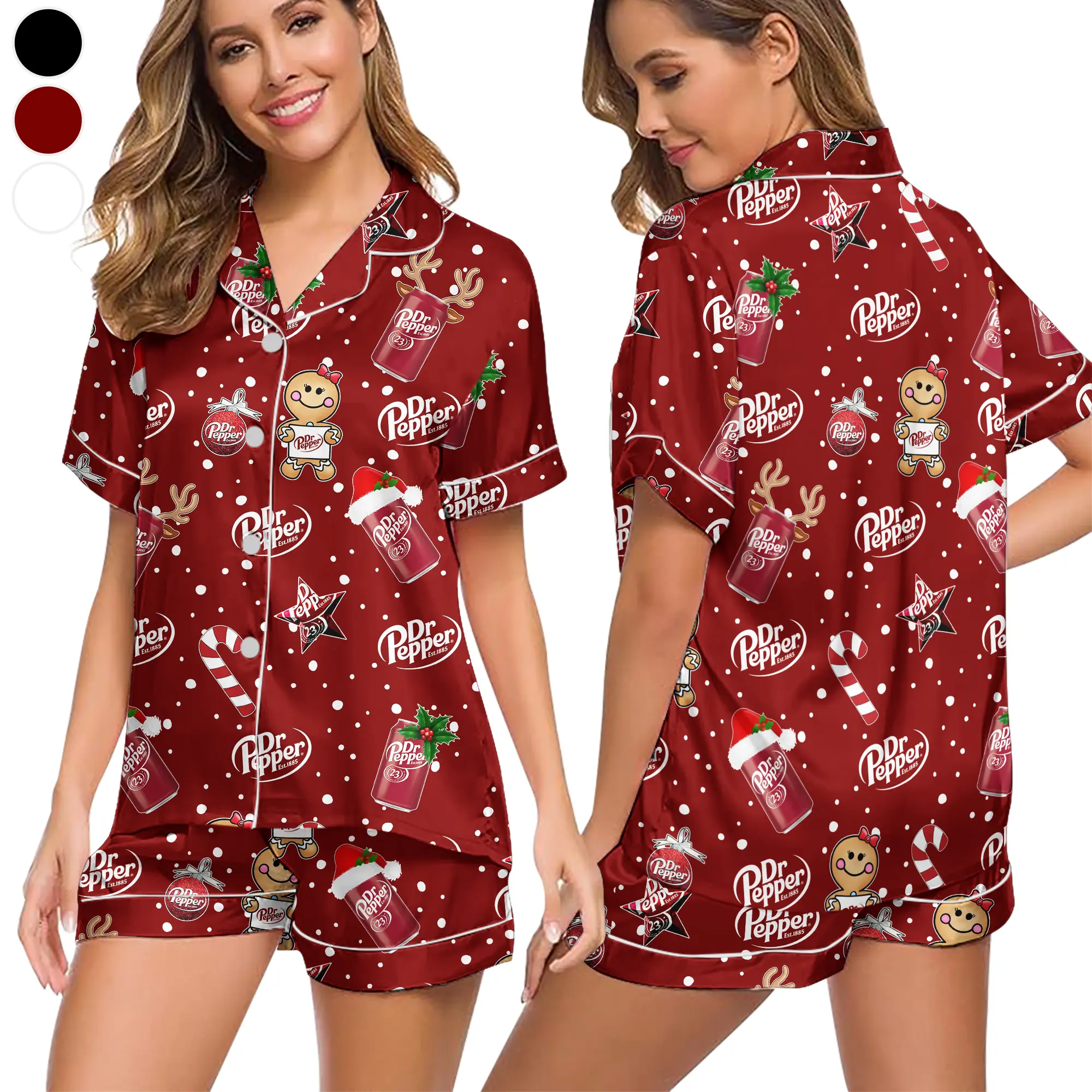 Women’s Christmas Dr Pepper Pajamas Set – Cute Holiday Soda Print Short Sleeve Button-Up & Shorts Sleepwear, Soft Silky Satin Lounge Set for Women