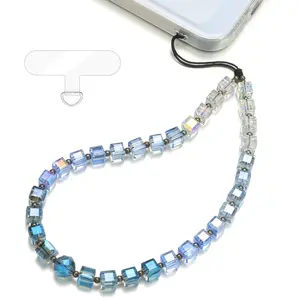 TRBR Blue Gradient Cube Crystal Phone Charm Wrist Strap, Glass Beaded Lanyard Wristlet Chain, Anti-Theft & Hands-Free Bracelet Strap for iPhone & More Cell Phone Cases